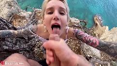 Babe blowjob big dick and cum in mouth outdoor by the sea